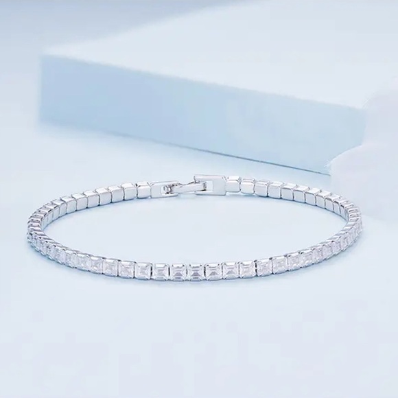 New Platinum Over Solid Sterling Silver Square Tennis Bracelet - Picture 1 of 6